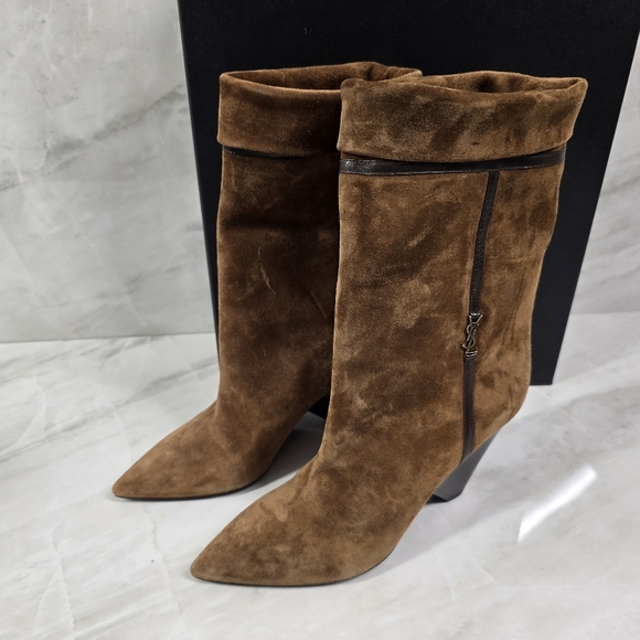 Yves Saint Laurent Brown Suede Heeled Boots - Picture 1 of 9